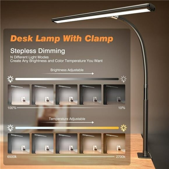 LED Desk Lamp with Gooseneck and Stepless Dimming for Office Reading Study Desk - Picture 2 of 7